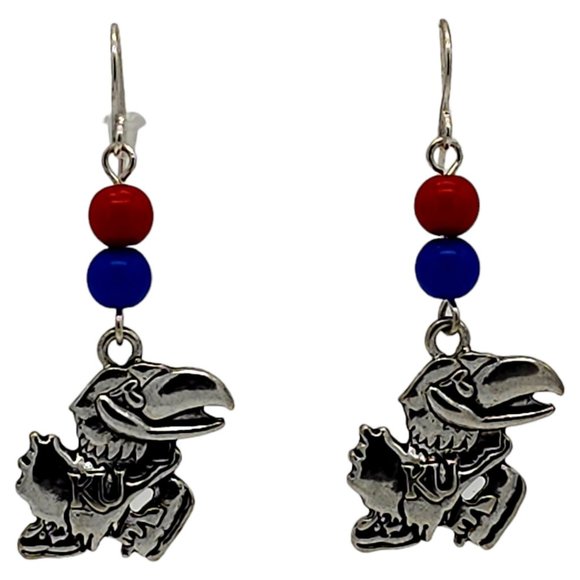 KU Jayhawks University of Kansas Earrings Red Blue Silver Tone F26 - Picture 1 of 5